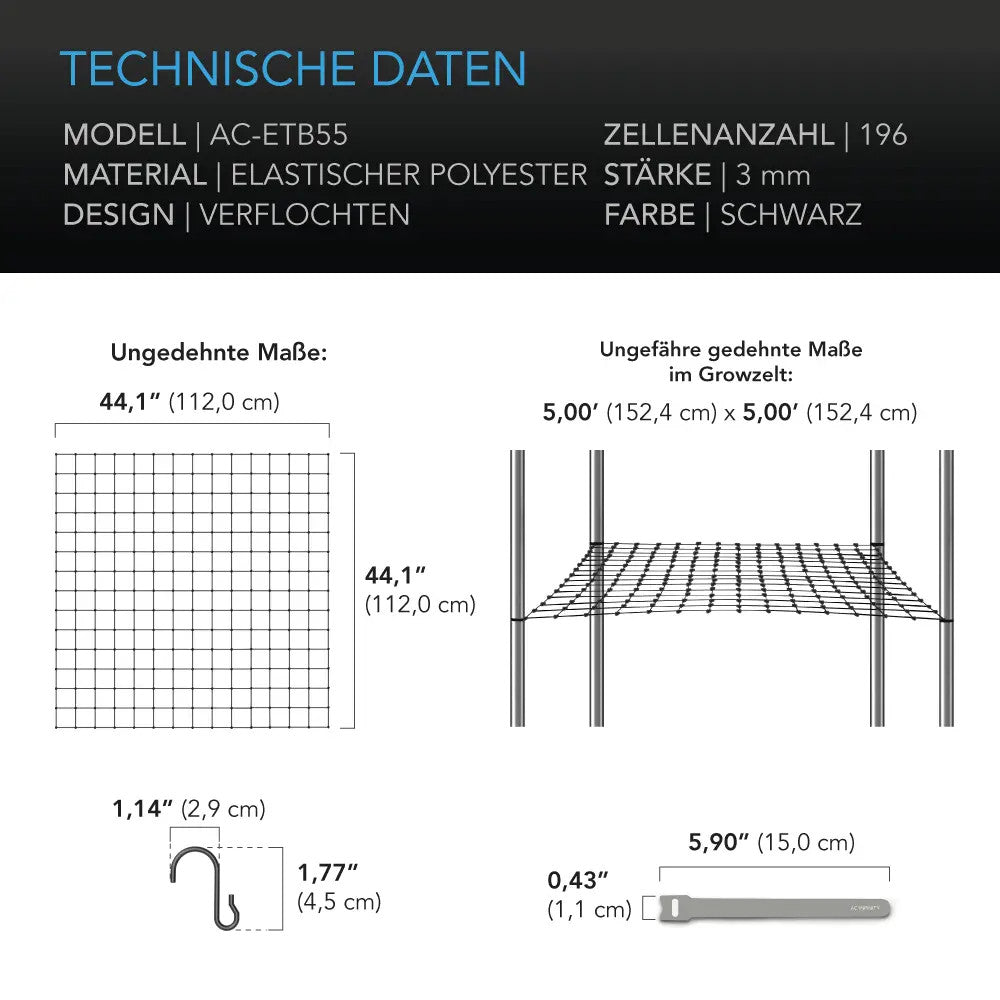 AC Infinity Grow-Zelt-Gitternetz – Technische Daten und Maße