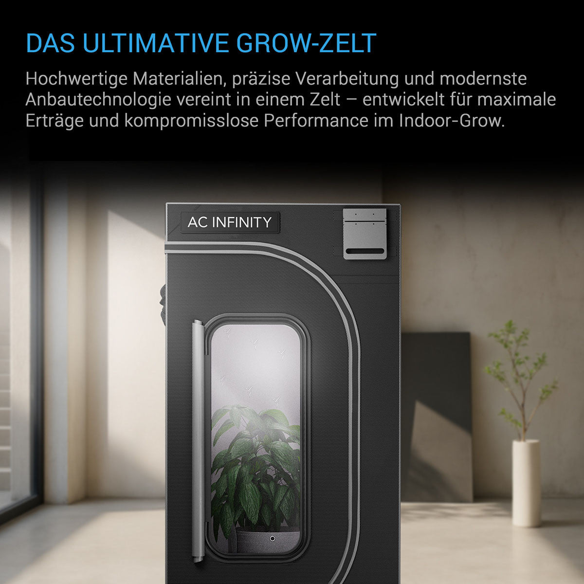 AC Infinity CLOUDLAB 632 – Infografik Zelt-Frontansicht mit geschlossener Tür und Sichtfenster in hellem Raum