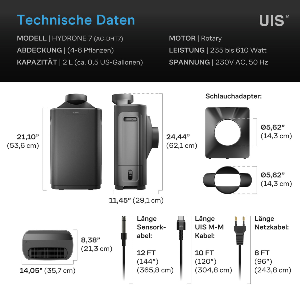 AC Infinity HYDRONE 7 – Technische Daten und Maße