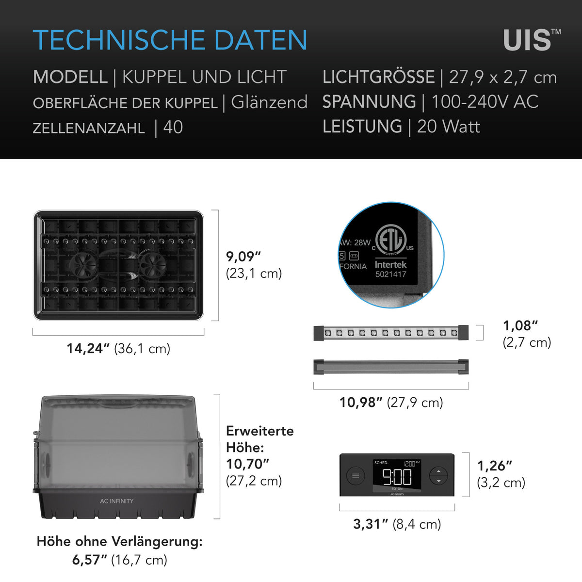 AC Infinity Stecklings-Gewächshaus – Technische Daten und Maße