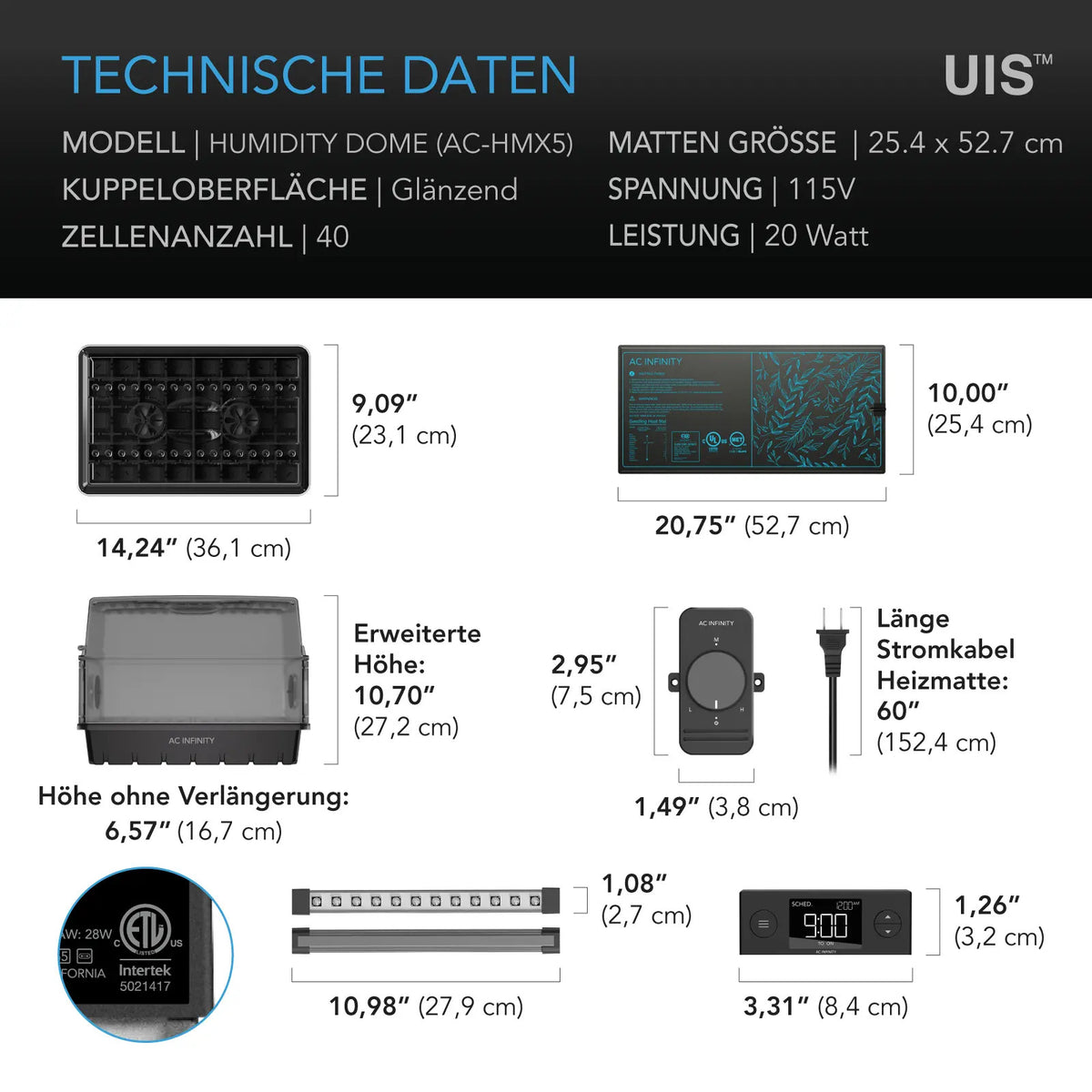 AC Infinity Anzucht-Gewächshaus-Set – Technische Daten und Maße