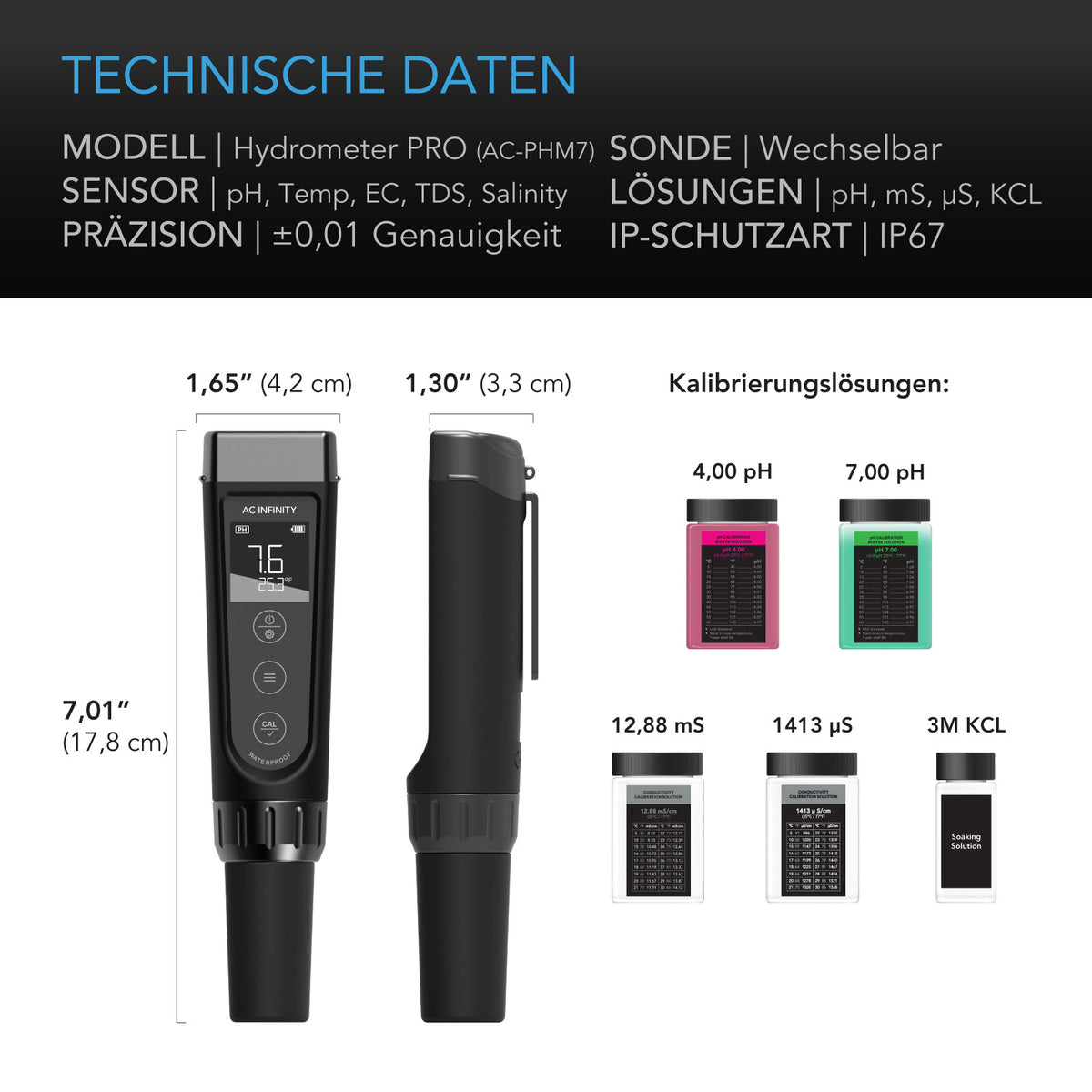 AC Infinity Hydroponic Meter PRO – Technische Daten und Maße