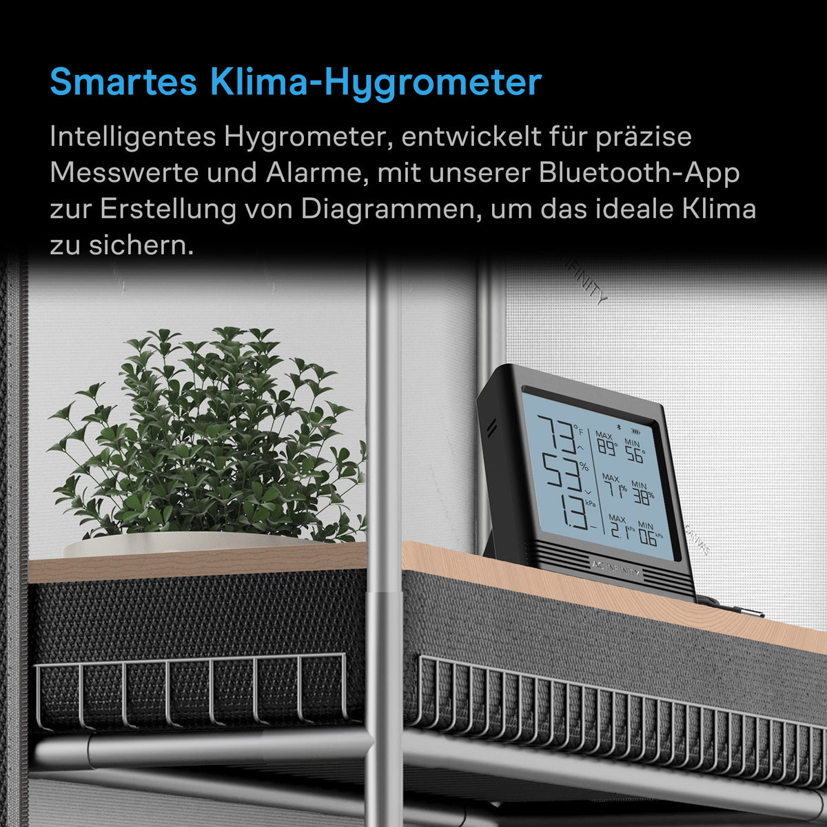 AC Infinity CLOUDCOM B1 – Infografik Smartes Klima-Hygrometer