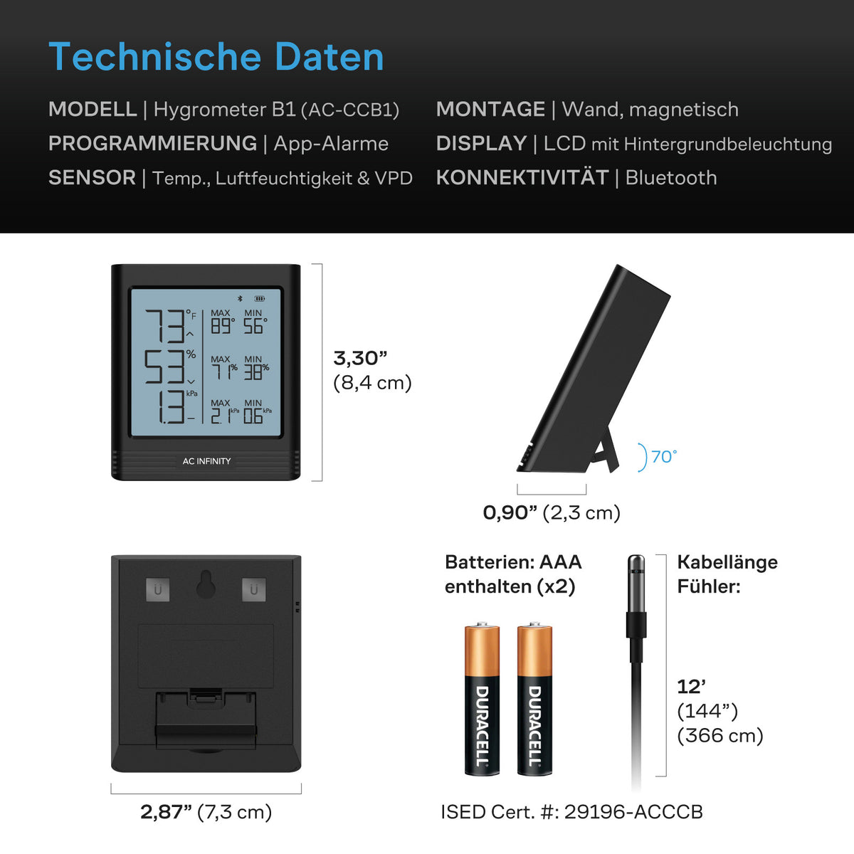 AC Infinity CLOUDCOM B1 – Technische Daten und Maße