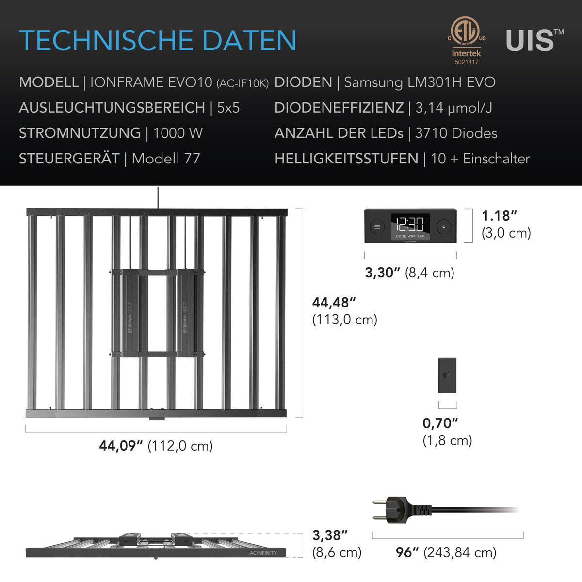 AC Infinity IONFRAME EVO10 – Technische Daten und Maße