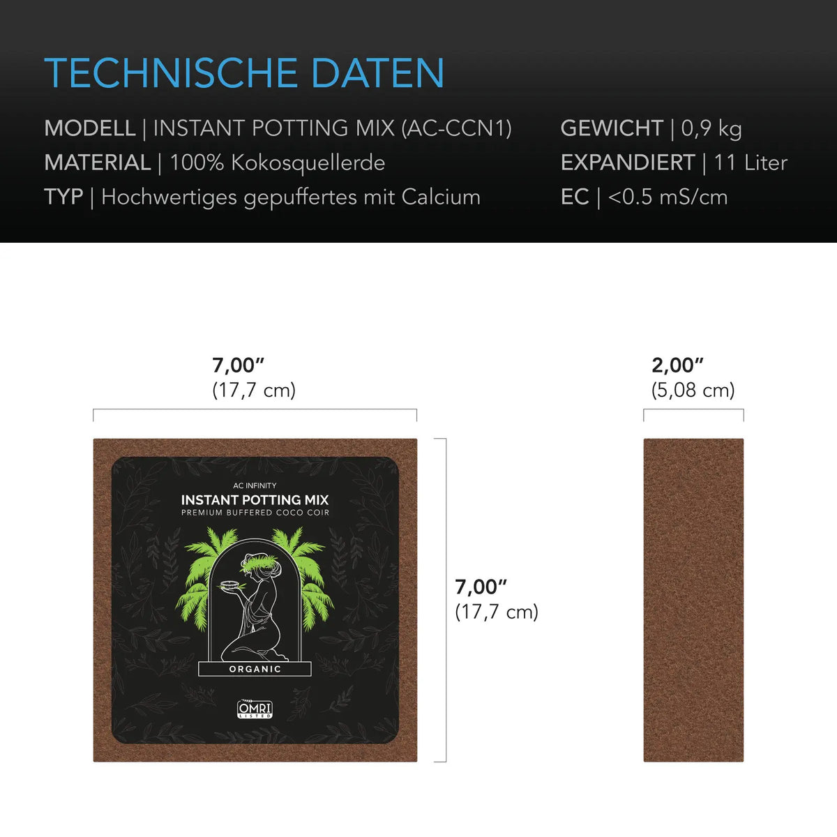 AC Infinity Kokos-Quellblock – Technische Daten und Maße