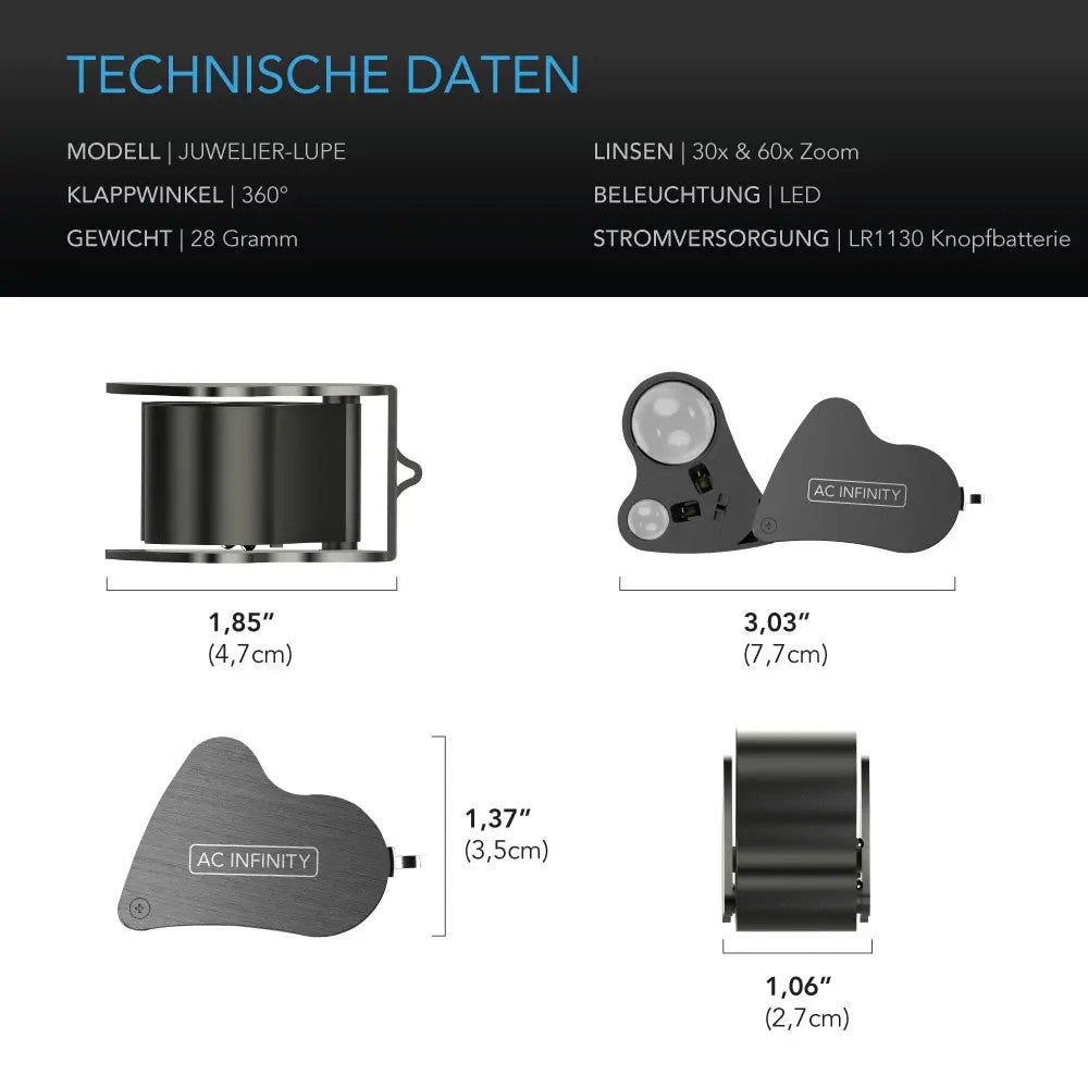 AC Infinity Juwelierlupe – Technische Daten und Maße