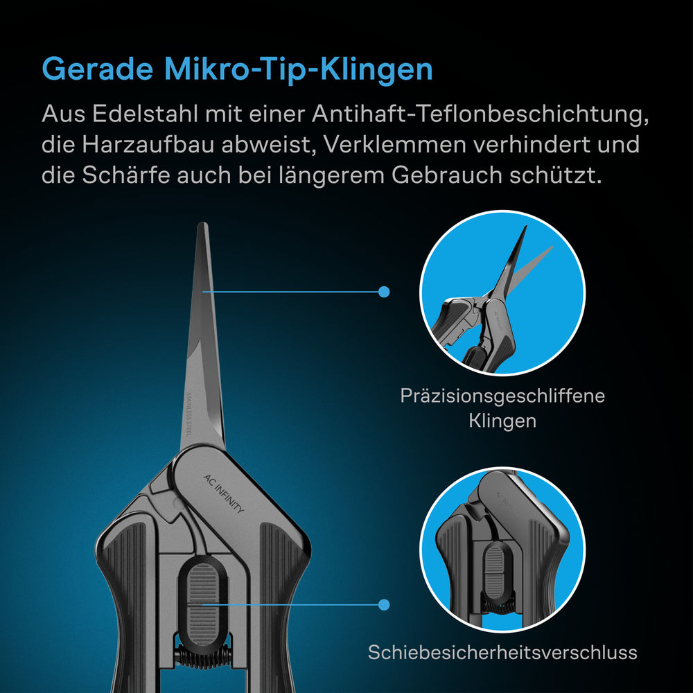 AC Infinity Edelstahl-Astschere – Infografik Gerade Mikro-Tip-Klingen