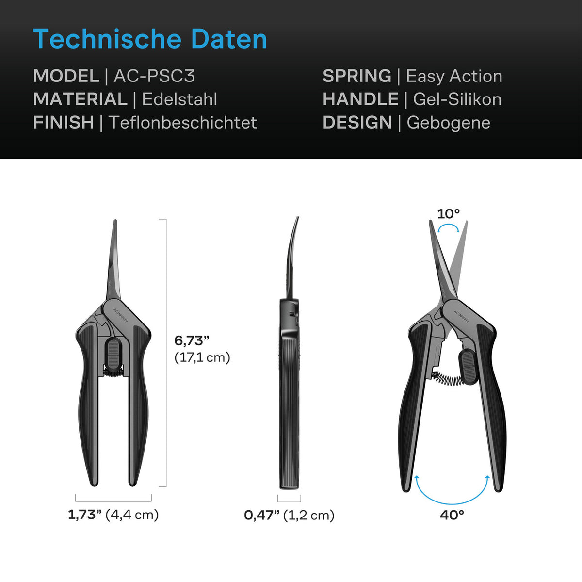AC Infinity gebogene Mikrospitzenschere – Technische Daten und Maße