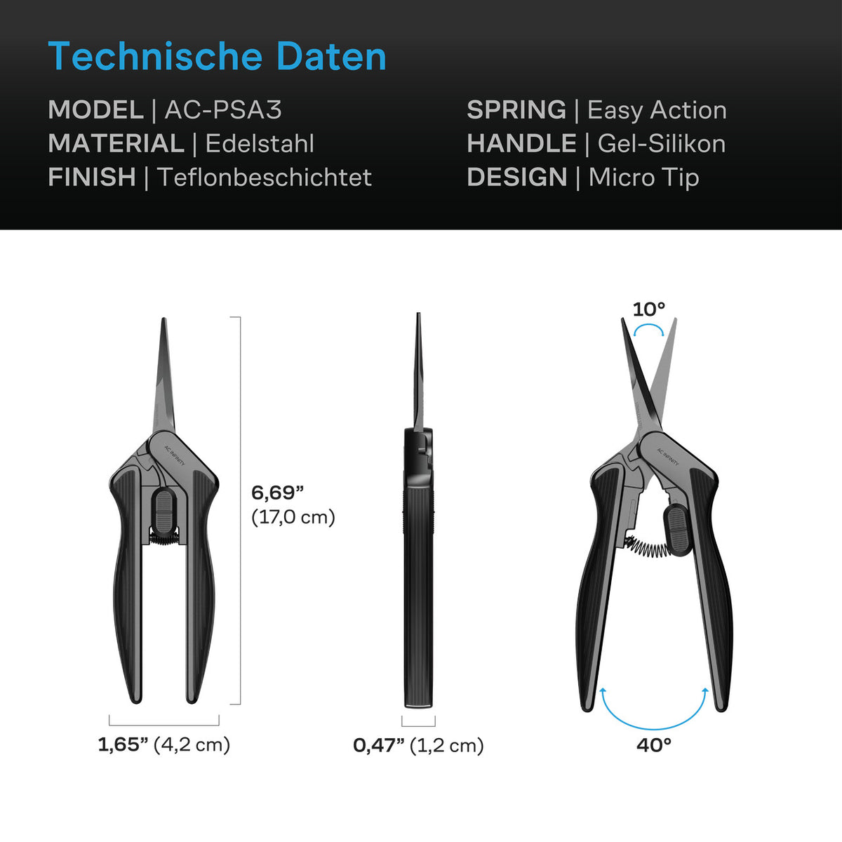 AC Infinity Präzisionsschere – Technische Daten und Maße