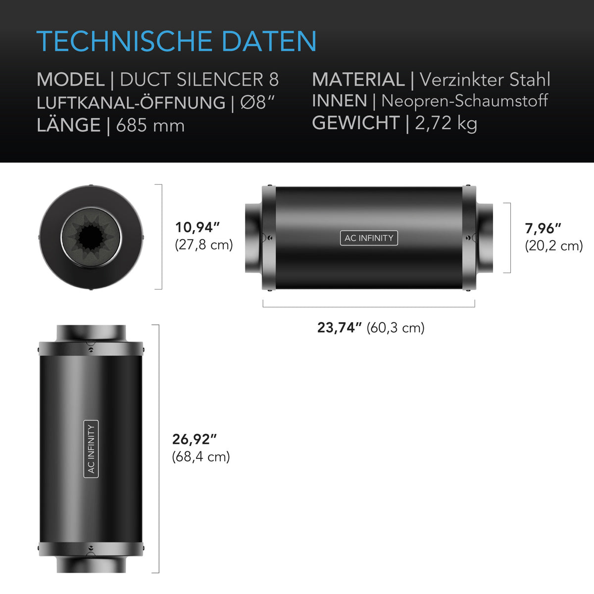 AC Infinity Rohrschalldämpfer – Technische Daten und Maße