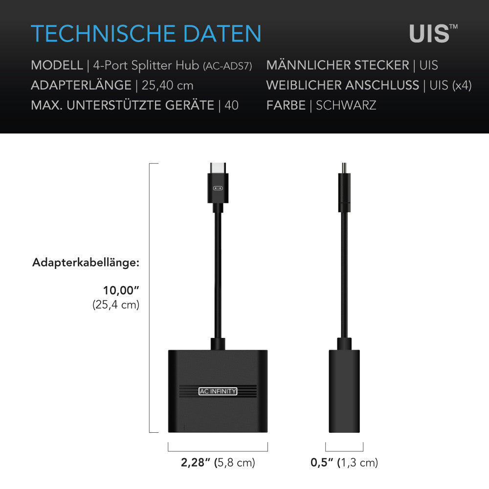 AC Infinity UIS Splitter Hub – Technische Daten und Maße