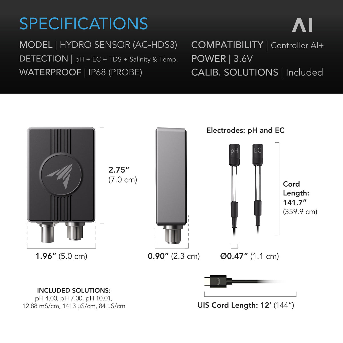 AC Infinity Hydro Sensor – Technische Daten und Maße