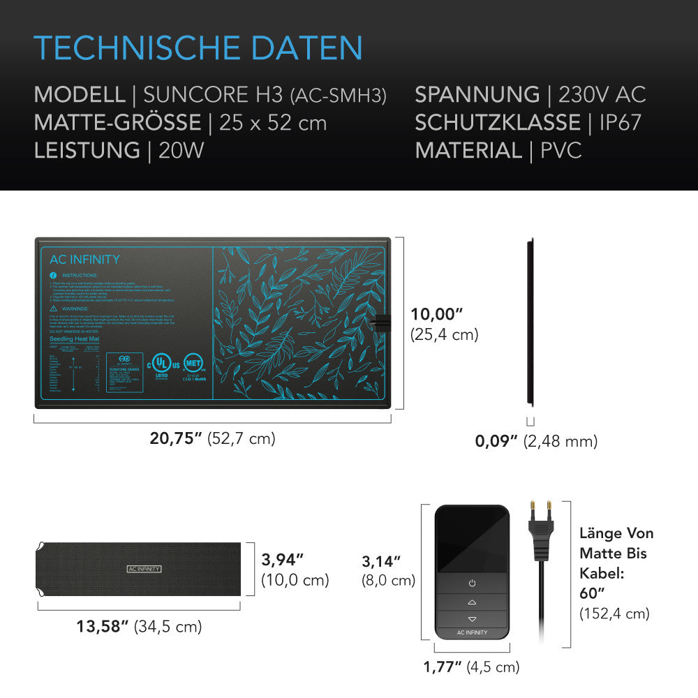 AC Infinity SUNCORE H3 – Technische Daten und Maße