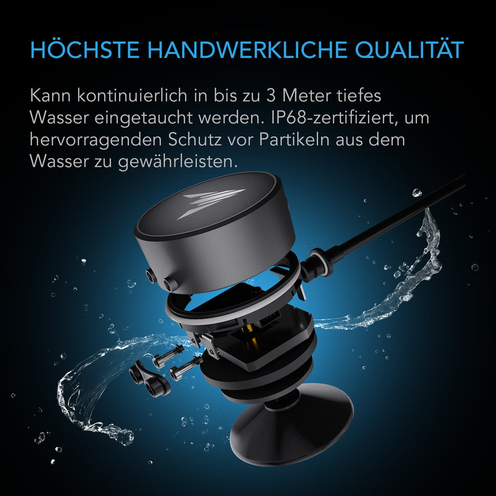 AC Infinity Wassersensor für CONTROLLER AI+ – Infografik Explosionsansicht von Gehäuse, Dichtung und Kabel, IP68