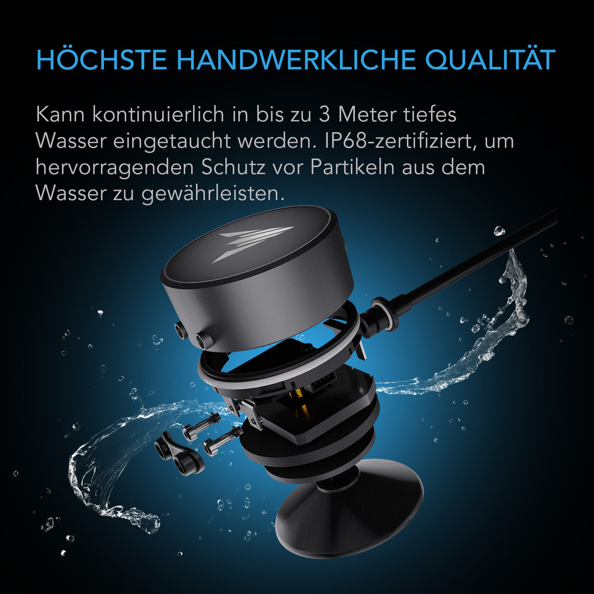 AC Infinity Wassersensor für CONTROLLER AI+ – Infografik Explosionsansicht von Gehäuse, Dichtung und Kabel, IP68