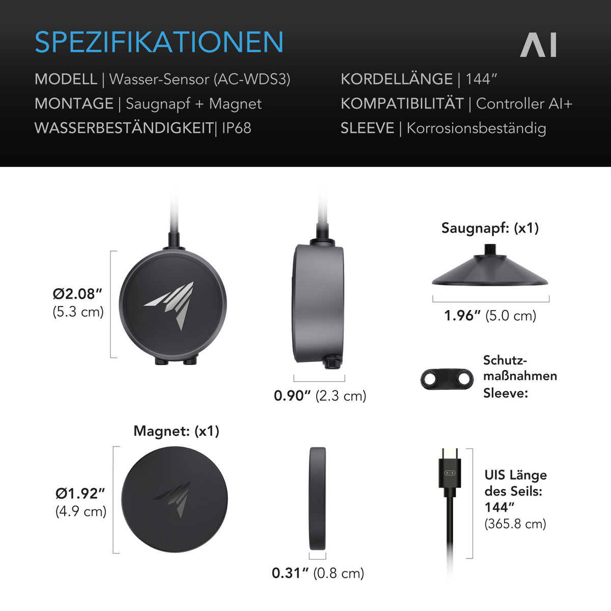 AC Infinity Wassersensor für CONTROLLER AI+ – Technische Daten und Maße