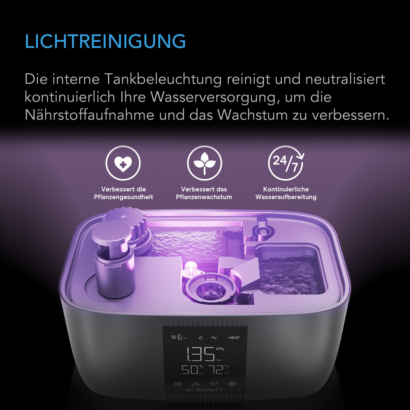UV-Lichtreinigung im Wassertank des AC Infinity CLOUDFORGE T5