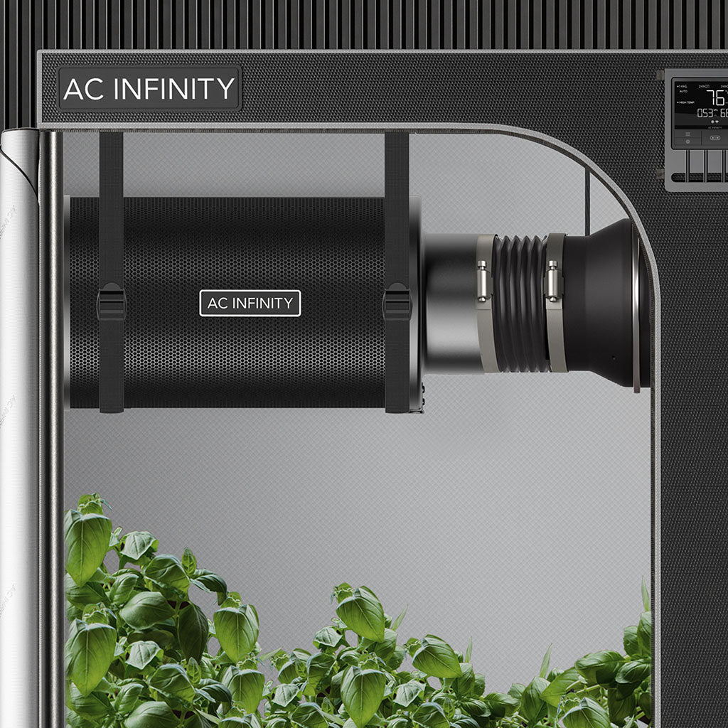 AC Infinity Aktivkohlefilter 100 mm im Grow-Zelt montiert