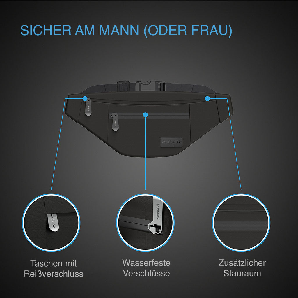 Reißverschlüsse und Stauraum der AC Infinity Hip Bag