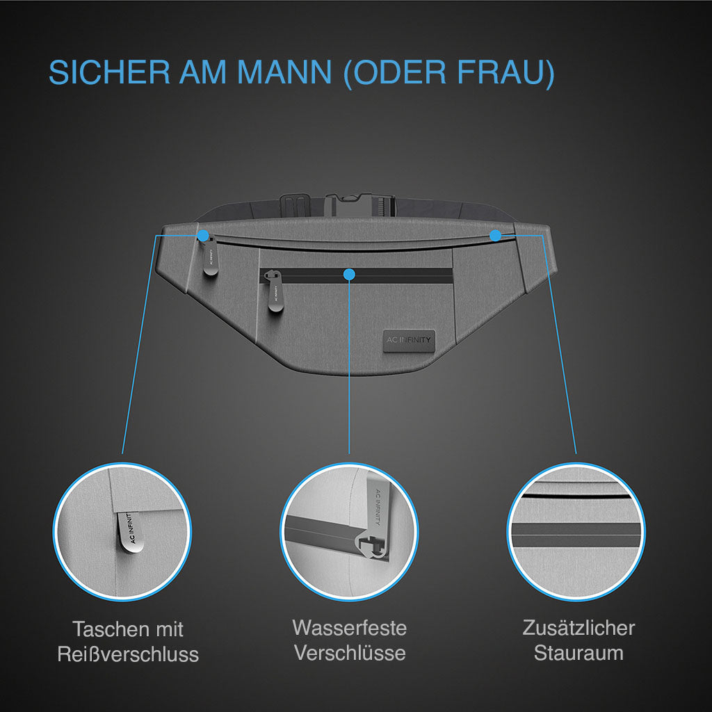 Reissverschluesse und Stauraum der AC Infinity Hip Bag