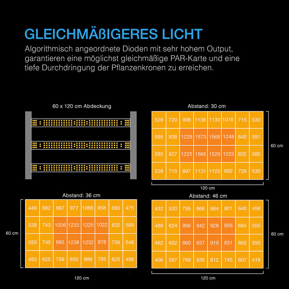 PAR-Verteilung der AC Infinity IONFRAME EVO3 auf 60 × 120 cm