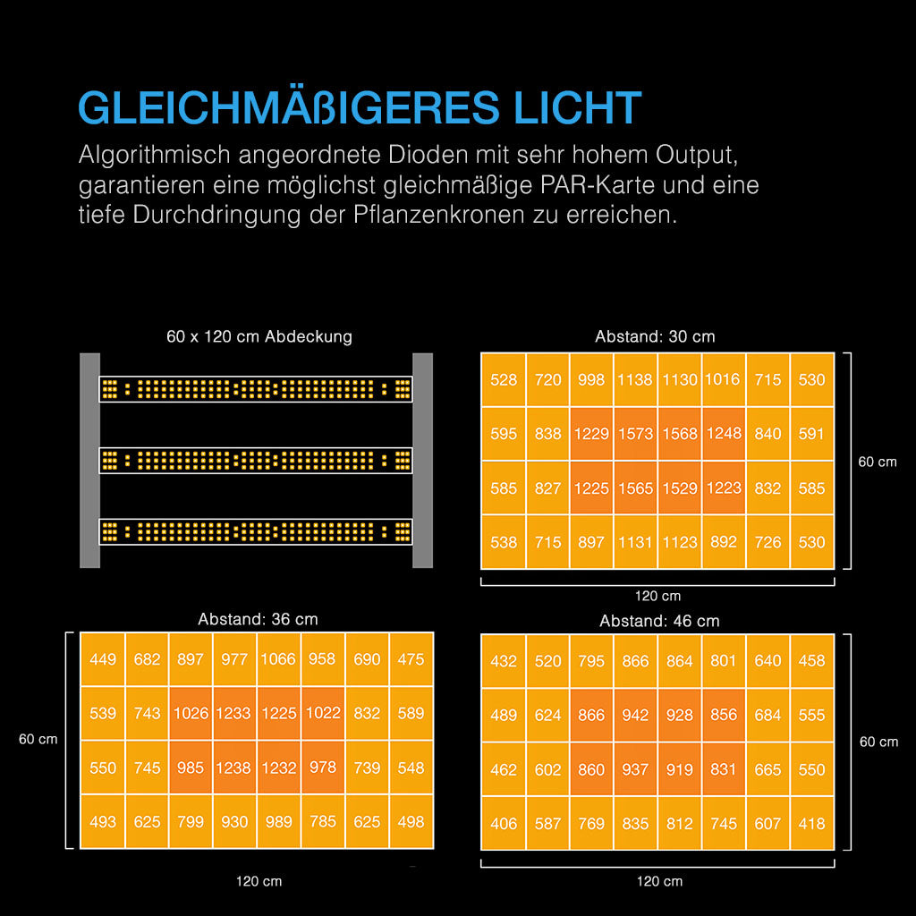 PAR-Verteilung der AC Infinity IONFRAME EVO3 auf 60 × 120 cm