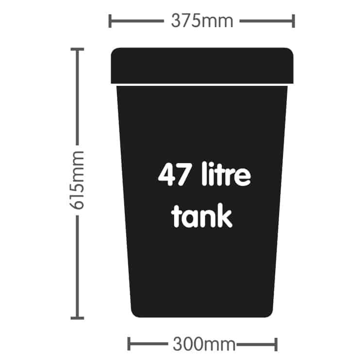 Maßgrafik AutoPot 47-Liter-Tank schwarz: 615 mm hoch, 375 mm oben, 300 mm unten breit