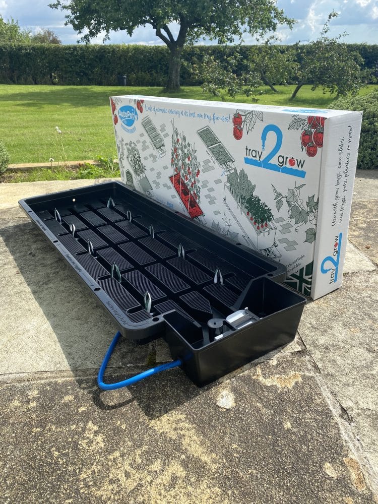 Leeres AutoPot Tray2Grow-Tablett vor dem Karton im Garten