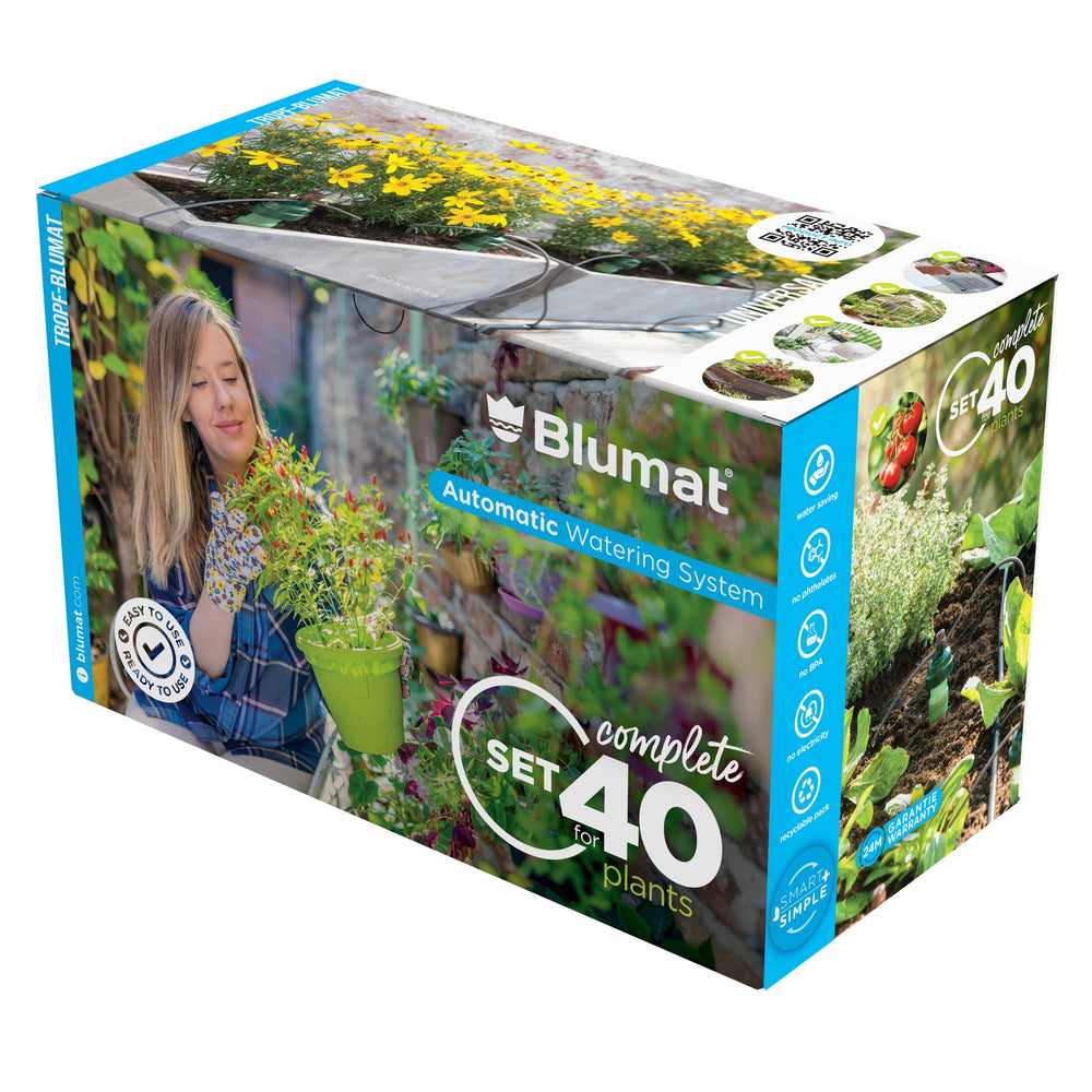Blumat Tropf-Blumat Set40-PLUS, Verpackung Schrägansicht mit Seitenteil