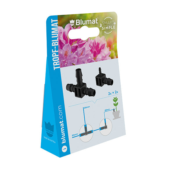 Blumat Schlauchabzweigung 8-8-8 mm und Endstück 8-3 mm, Verpackung seitlich