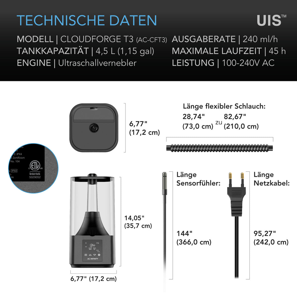 AC Infinity CLOUDFORGE T3 – Technische Daten und Maße