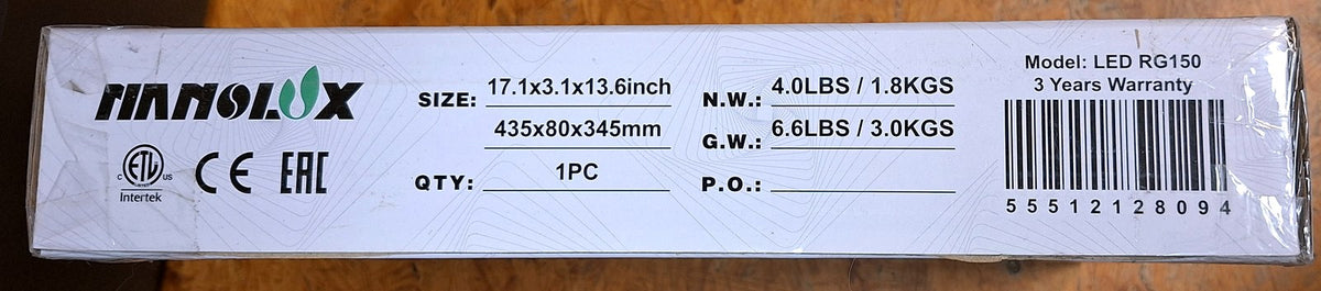 Nanolux LED RG150, Etikett mit Modell, Maßen und Gewicht
