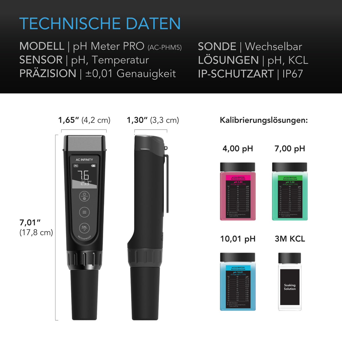 AC Infinity pH-Meter PRO Kit – Technische Daten und Maße
