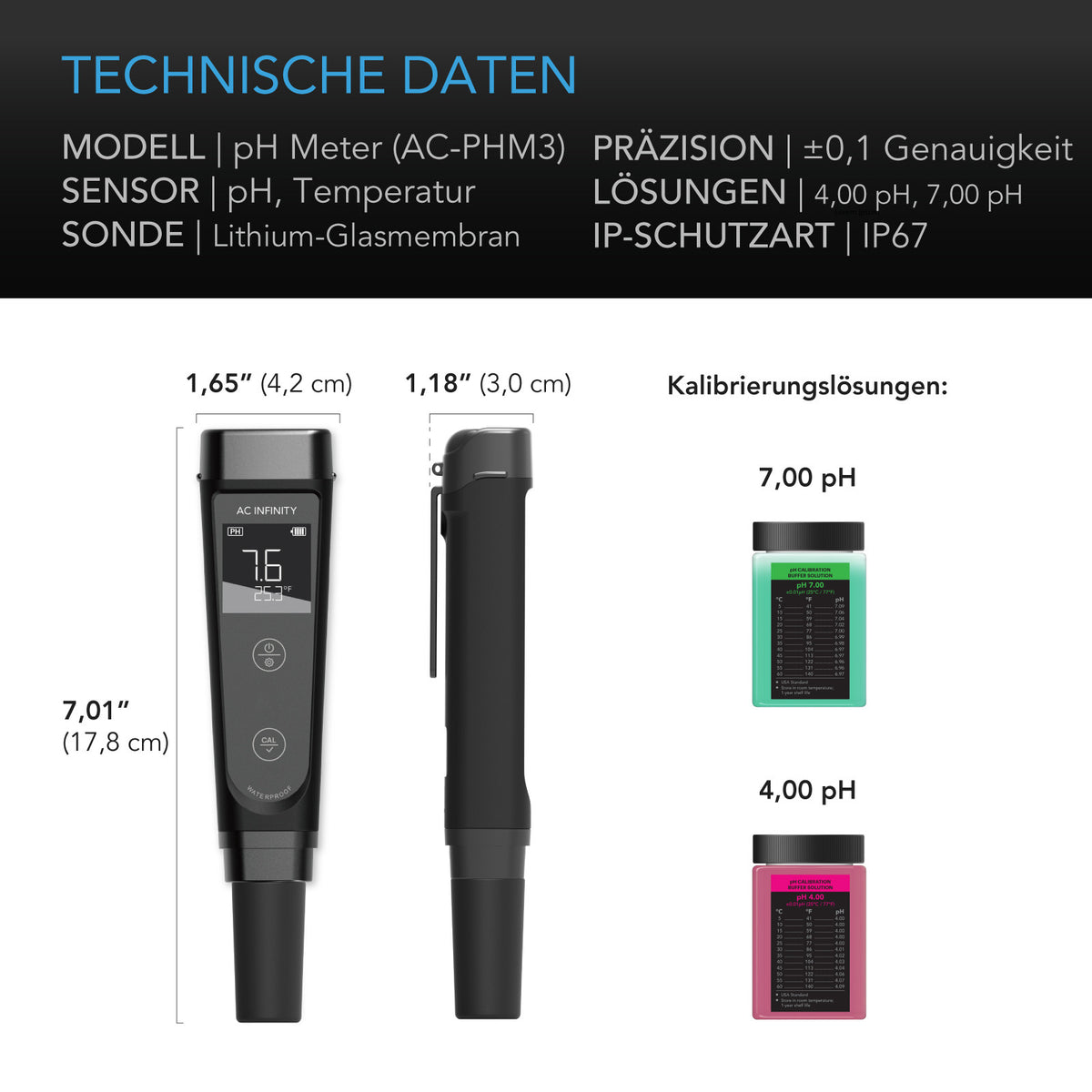AC Infinity pH-Messgerät-Kit – Technische Daten und Maße