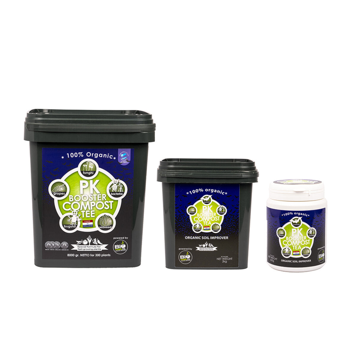 BioTabs PK Booster Compost Tea – Herstellerabbildung der Gebinde 650 g, 2 kg und 8 kg