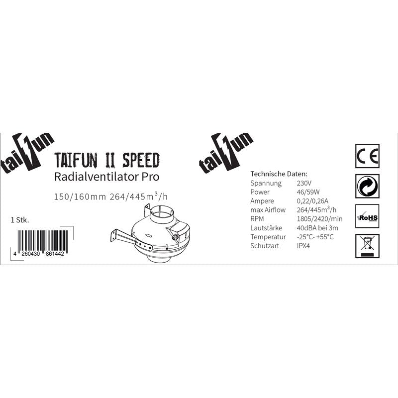 Taifun II Speed Radialventilator Pro 150/160mm 264/445m³/h