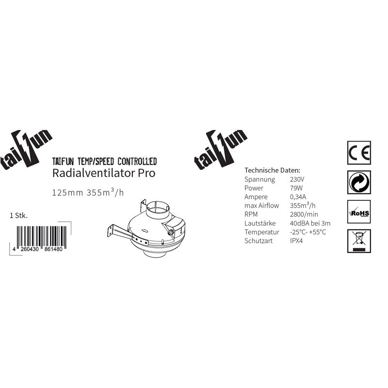 Taifun Temp/Speed Controlled Radialventilator 125mm 355m³/h